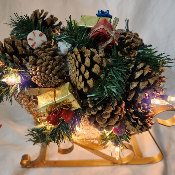 Pinecone Christmas Sleigh Lighted Gold and Christmas Mini Presents Faux Candies - Picture 3 of 13